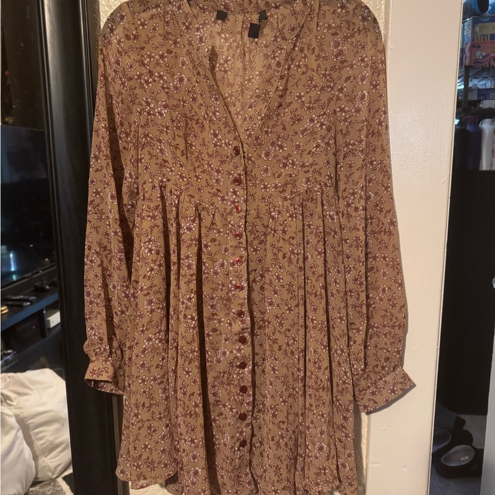 Floral Burgundy/Brown Button Down Flowy Dress